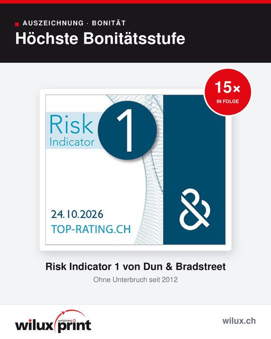 Grafik: Risk Indicator 1 von Dun & Bradstreet für WILUX PRINT, bestätigt am 24.10.2026, zum 15. Mal in Folge, ohne Unterbruch seit 2012